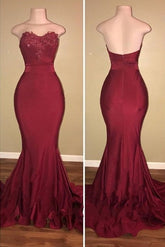 Burgundy Sweetheart Mermaid Open Back Appliques Prom Dress